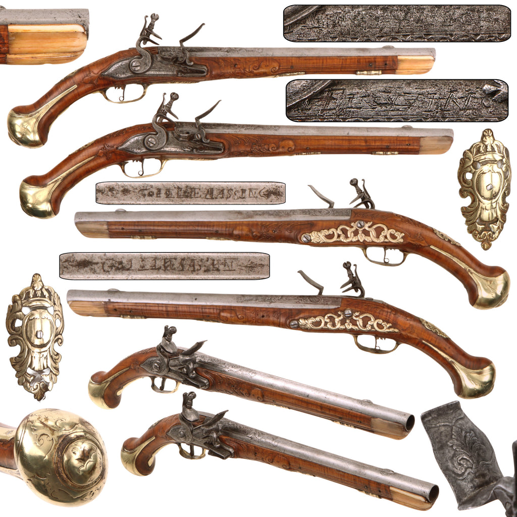 Original Early 18th Century Matched Pair of Franco-Flemish Flintlock Holster Pistols by Gilles Massin of Liège, Circa 1740