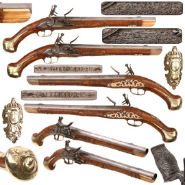 Original Early 18th Century Matched Pair of Franco-Flemish Flintlock Holster Pistols by Gilles Massin of Liège, Circa 1740