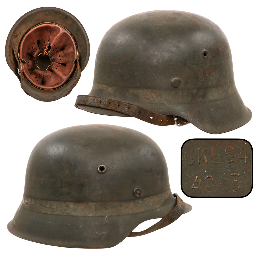 Original German WWII Heer Army M42 Steel Helmet with Czech Replica Liner and Original Early Pattern Chinstrap, Stamped CKL64
