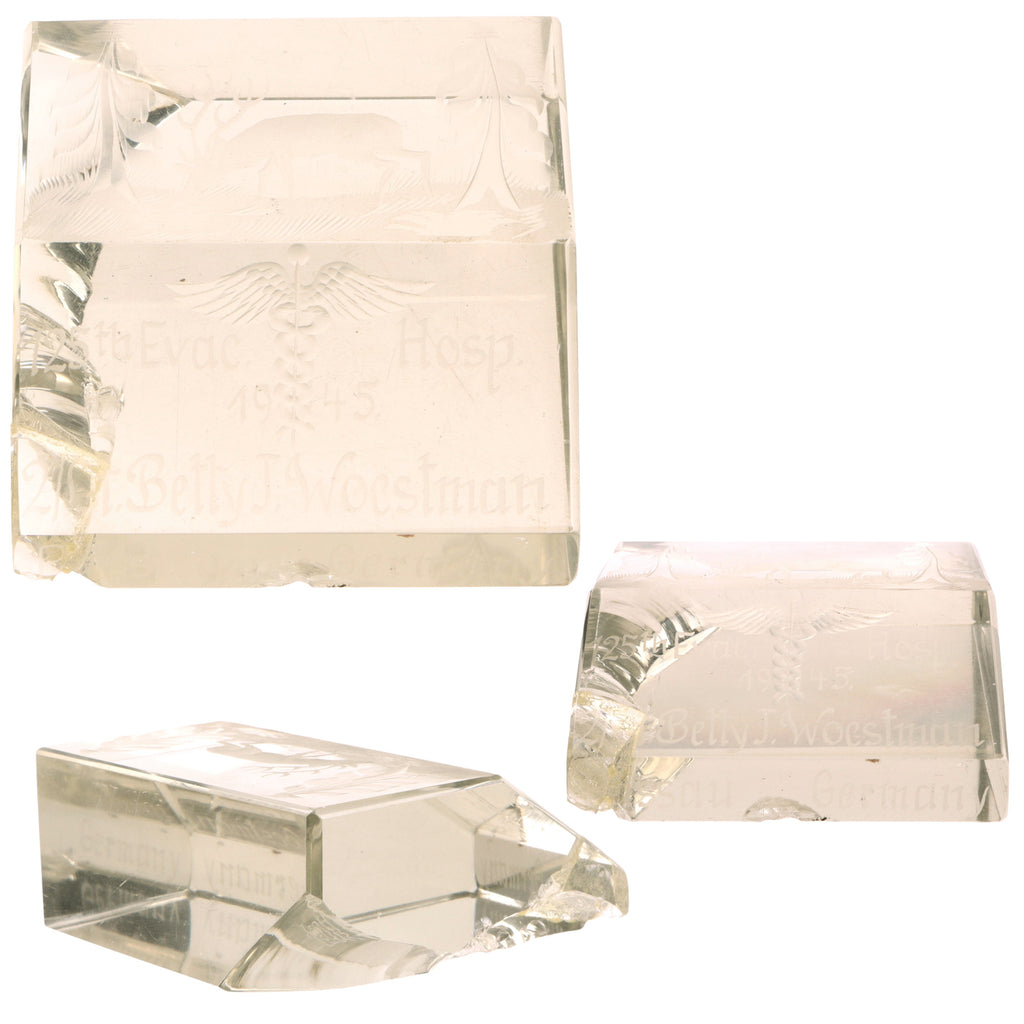 Original U.S. WWII 125th Evacuation Hospital Lt. Betty J. Woestman Souvenir Glass Paperweight - Damaged