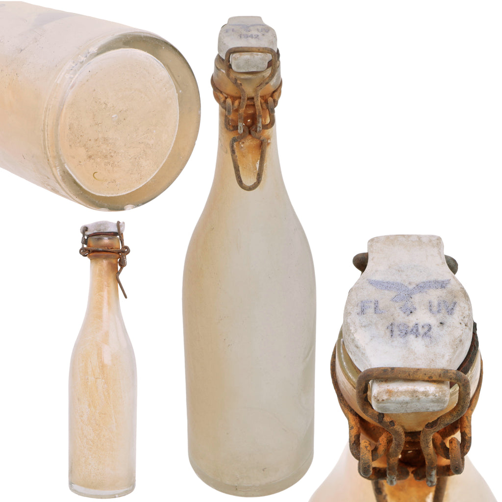 Original German WWII Luftwaffe FL UV Marked Thick Clear Glass Beer or Wine Bottle - Dated 1942