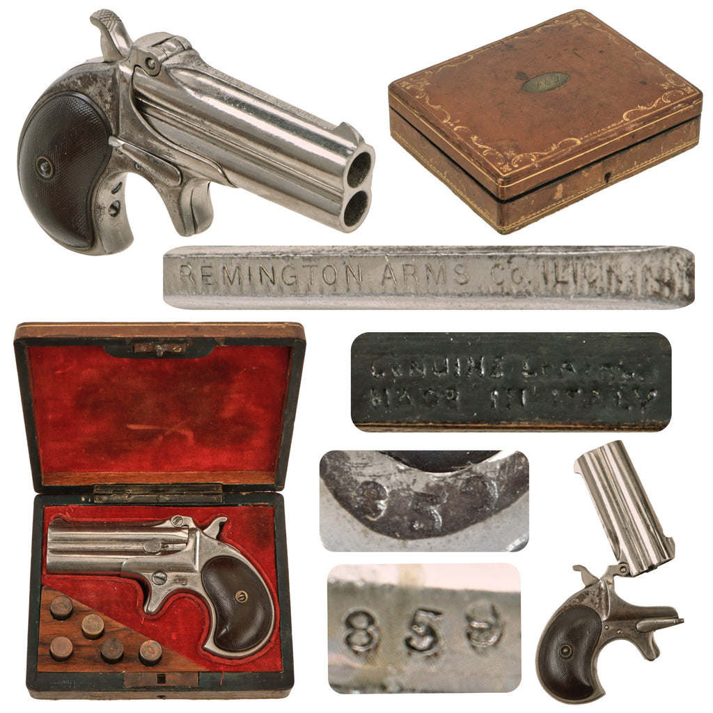 Original U.S. Remington Model 95 Nickel Plated .41 Rimfire Over & Under Pocket Pistol Serial 859 In Original Case with Key and Cartridges - circa 1890 Original Items