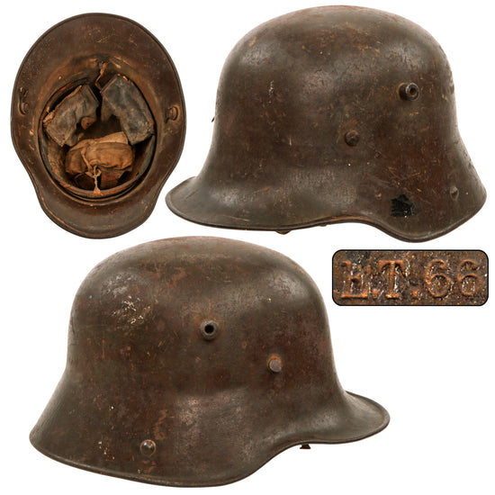 Original Imperial German WWI M16 Stahlhelm Steel Helmet Shell with Broken Leather Liner - Marked ET66 Original Items