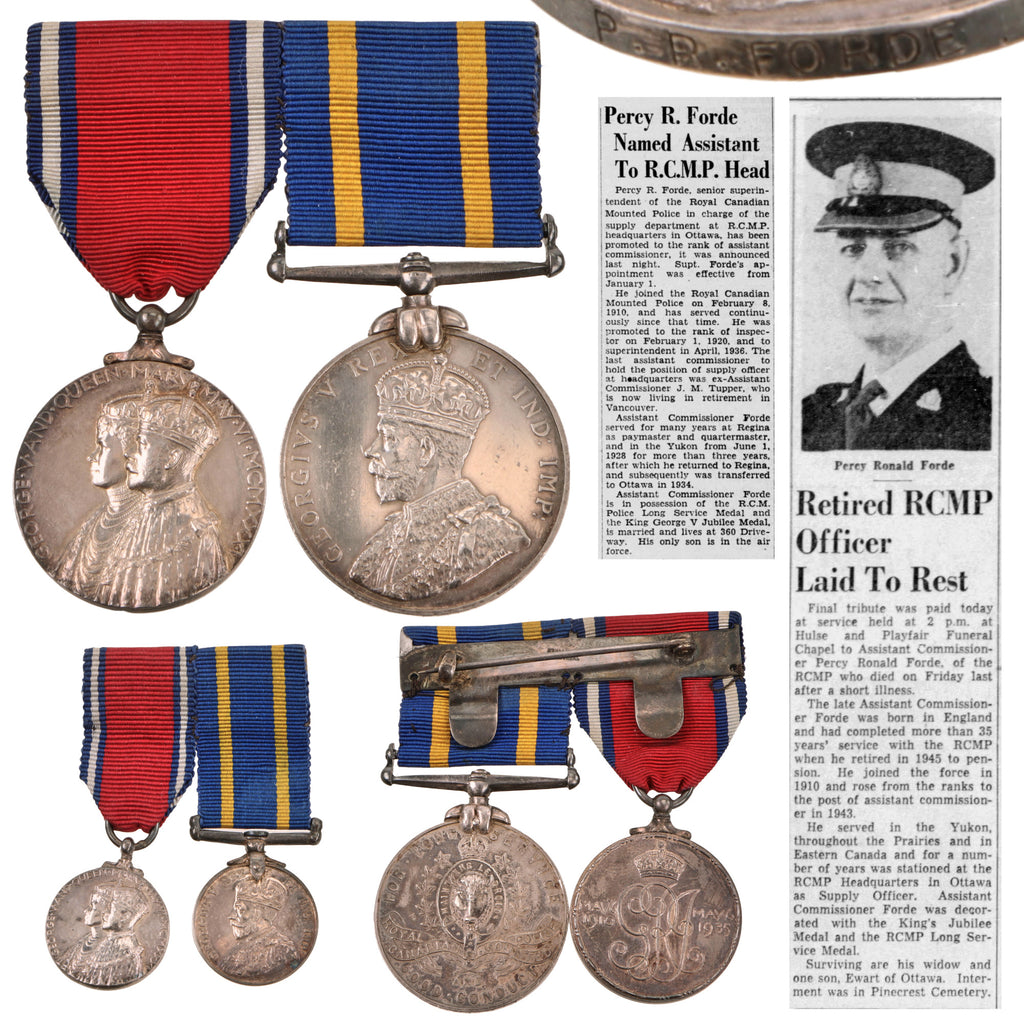 Original Canadian Pre-WWII Engraved Medal Bar & Mini-Bar with King George V Royal Canadian Mounted Police Long Service Medal & Silver Jubilee Medal - Assistant Commissioner Percy R. Forde