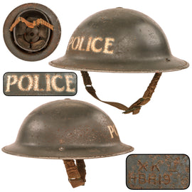 Original British WWII Brodie Mk1 Police Steel Helmet with Liner & Chinstrap by Harrison Bros & Howson - Dated 1939
