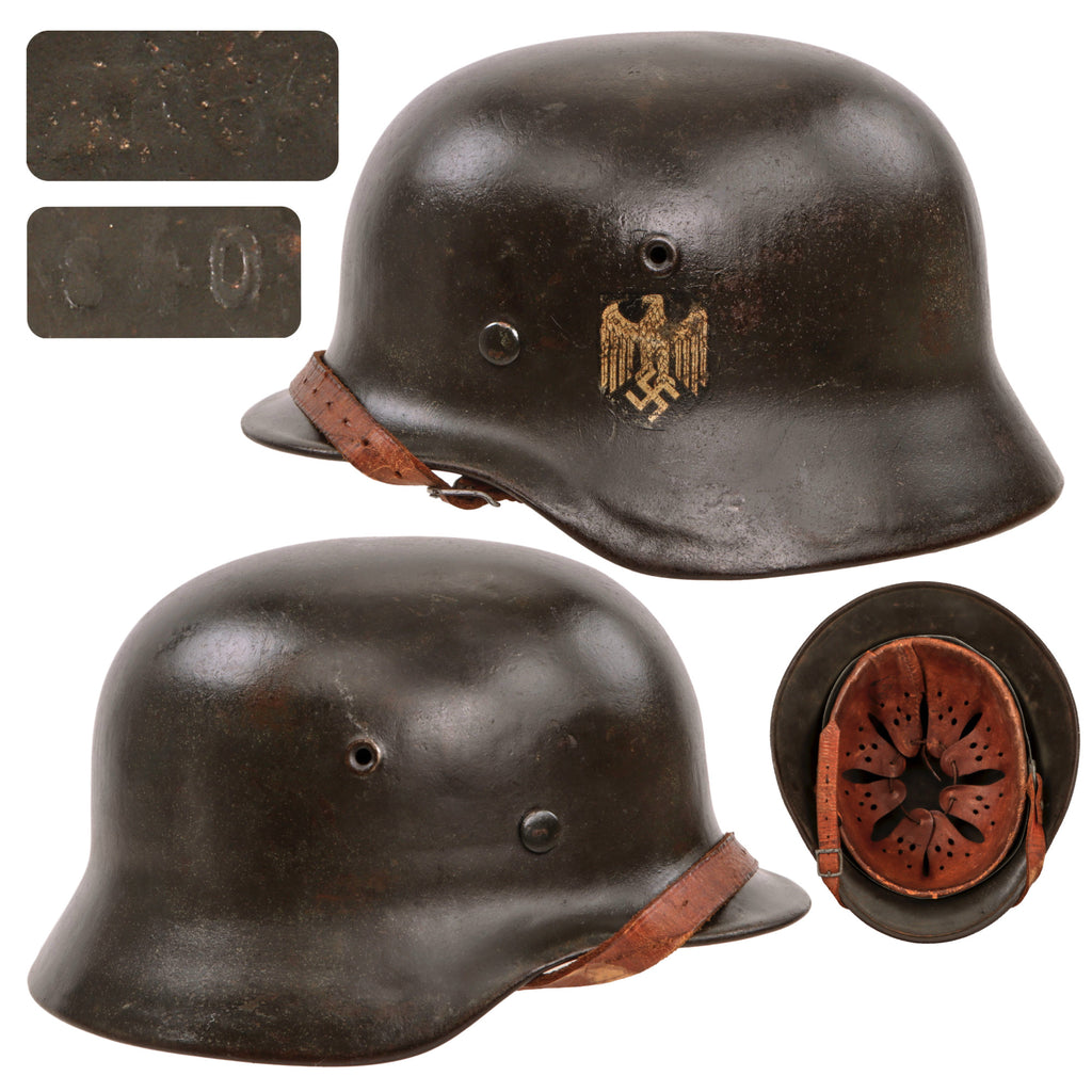 Original German WWII Heer Army M40 Single Decal Steel Helmet with Postwar Norwegian 56cm Liner and Chinstrap, Stamped EF64