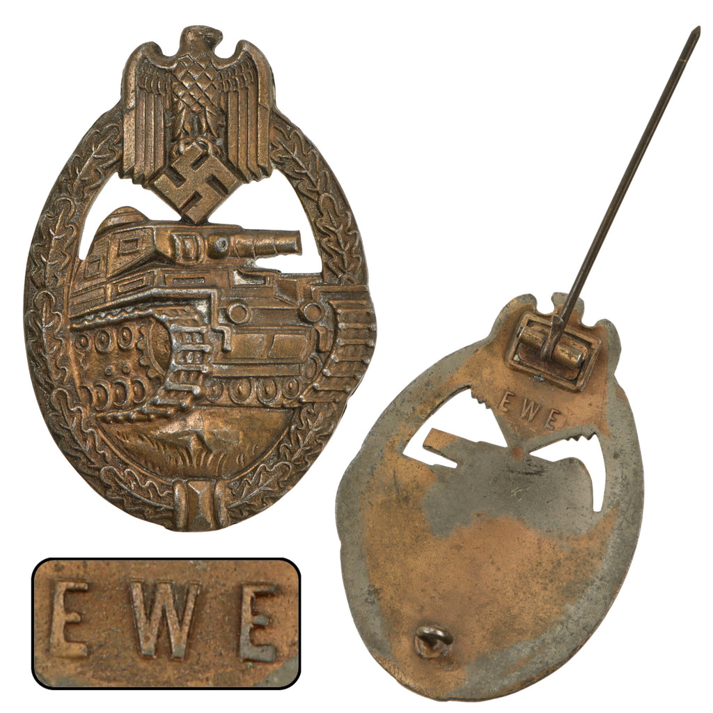 Original German WWII Bronze Panzer Assault Badge (Panzerkampfabzeichen) Maker Marked “EWE”