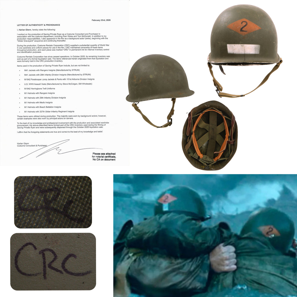 Original U.S. M1 Helmet Used in Saving Private Ryan with Follow Me Stripe – 2nd Ranger Battalion – With Copy of Notarized Letter of Authenticity