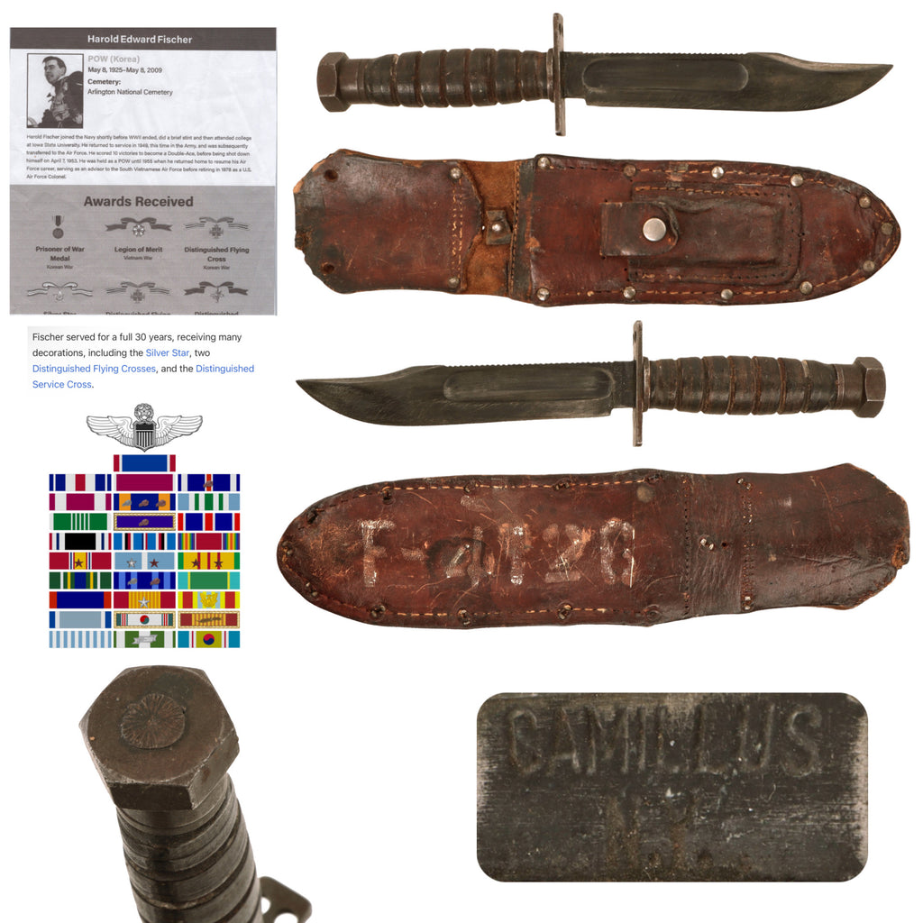 Original U.S. Vietnam War Harold Edward Fischer’s Early 6" Blade "Jet Pilot" Air Force Survival Knife by Camillus with Scabbard & Whetstone - DSC, DFC, LM, SS, PWM Original Items