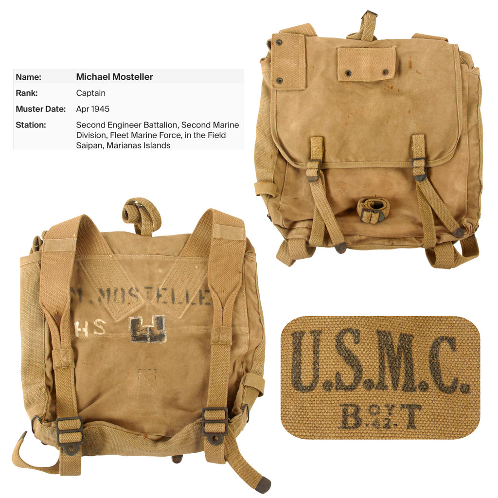 Original U.S. WWII US Marine Corps UNIS-Stenciled & Named P41 Upper Pack by Boyt - Captain Michael Mosteller, Second Engineer Battalion - Dated 1942 Original Items