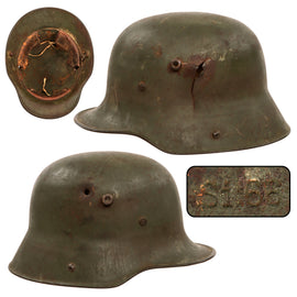 Original Imperial German WWI Battle-Damaged M16 Stahlhelm Helmet with Bullet Holes & Matching-Damaged M1917 Liner - Marked Si. 66