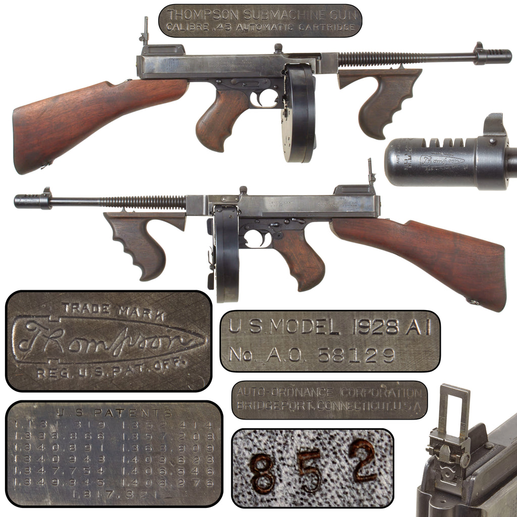 Original U.S. WWII Thompson M1928A1 Inert Display Submachine Gun Serial No. A.O. 58129 with Original Vertical Fore Grip and Replica Drum Magazine, Original WW2 Parts