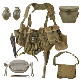 Original U.S. Vietnam War Infantryman’s M-1956 Field Gear Set: Universal Pouches, Belt, Suspenders, Shovel with Carrier, Canteens “Butt Pack”, M1911 Holster, Messkit w/Utensils, Claymore Bag & Inert Reproduction Lemon Grenades