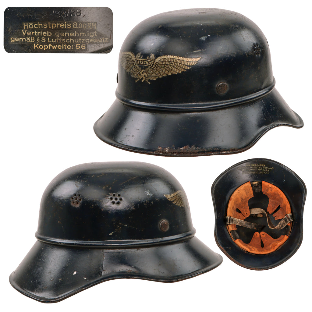 Original German WWII Luftschutz Air Defense M38 Beaded Gladiator Helmet with 56cm Liner and Broken Chinstrap - dated 1938