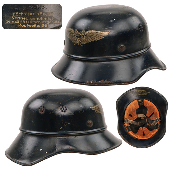 Original German WWII Luftschutz Air Defense M38 Beaded Gladiator Helmet with 56cm Liner and Broken Chinstrap - dated 1938 Original Items
