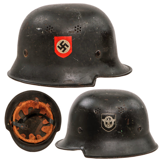 Original German WWII M34 Civic Square Dip NSDAP Double Decal Police Steel Helmet with Liner and Rubber Chinstrap - Ordnungspolizei Original Items