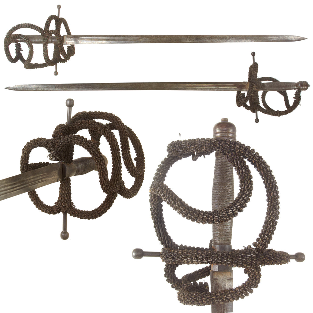 Original European Late 17th Century Broadsword with Swept Hilt Covered in Coiled Metal Wire - Unique