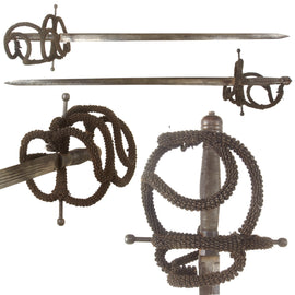 Original European Late 17th Century Broadsword with Swept Hilt Covered in Coiled Metal Wire - Unique