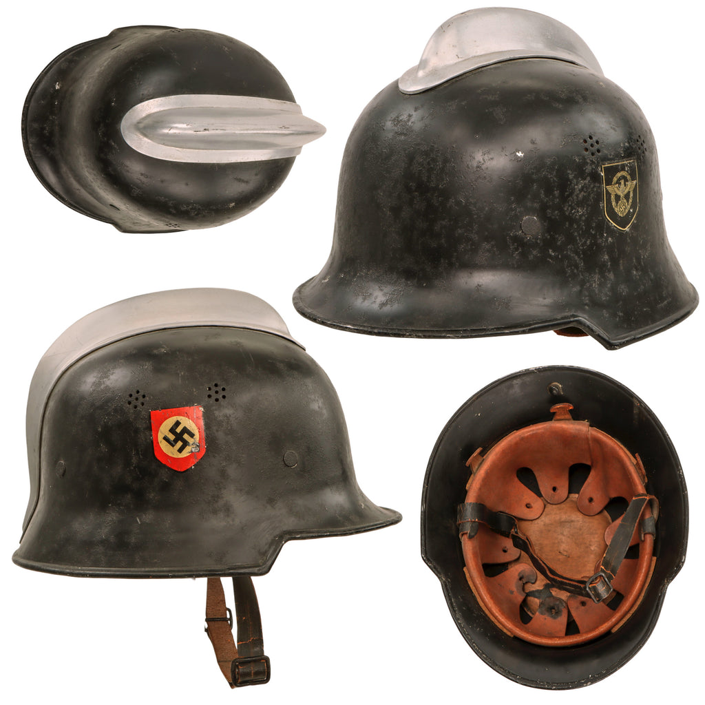 Original German WWII M34 Square Dip Aluminum Double Decal Fire Police Helmet with Liner and Chinstrap - Feuerwehr Helmet Original Items