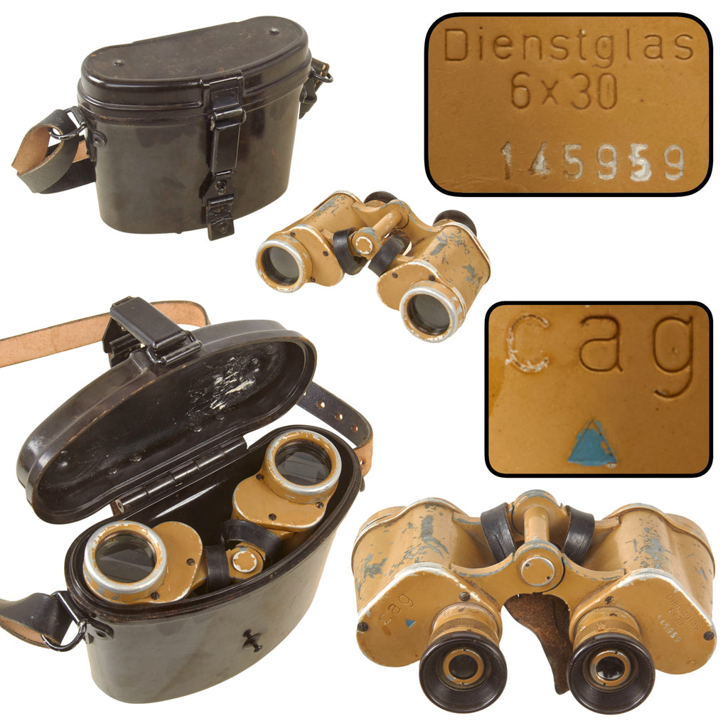 Original German WWII 6x30 Dienstglas Binoculars in “Ordnance Tan” by Swarovski with Bakelite Case - Case Dated 1943