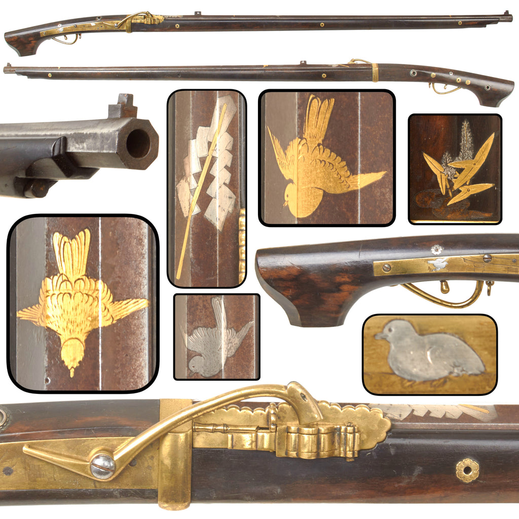 Original Japanese Edo Period Tanegashima Matchlock Musket with Gold, Silver and Brass Inlaid Barrel, Shinto Motifs and Urushi Lacquered Stock, Circa 1750-1850