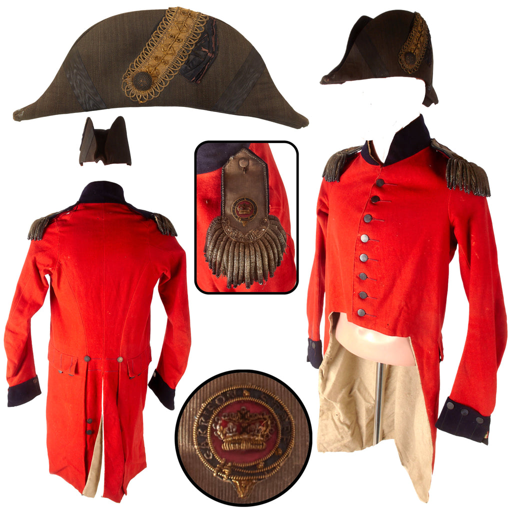 Original British American Revolutionary War Attributed Officer’s Garrison Staff Red Coatee & Fore-and-Aft Hat with Sterling Buttons & Bullion Epaulettes - George Vaughan Hart