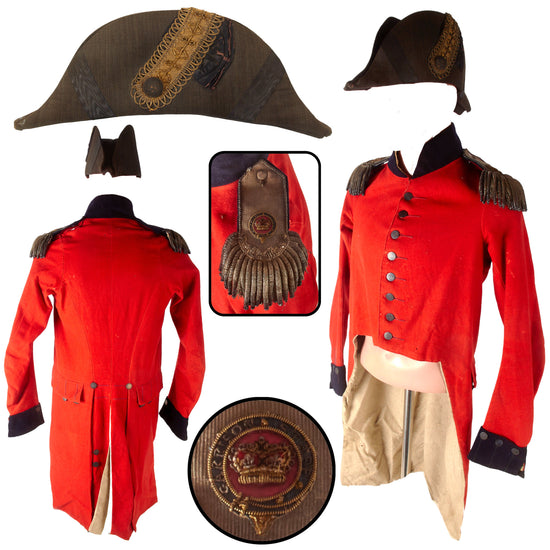 Original British American Revolutionary War Attributed Officer’s Garrison Staff Red Coatee & Fore-and-Aft Hat with Sterling Buttons & Bullion Epaulettes - George Vaughan Hart