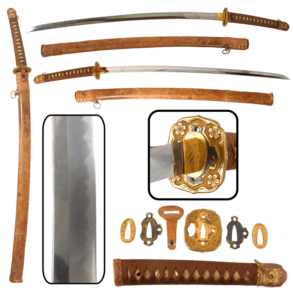 Original Japanese WWII Excellent Type 98 Shin-Gunto Katana Sword with Late Edo Period Handmade Blade and Leather Covered Wood Scabbard