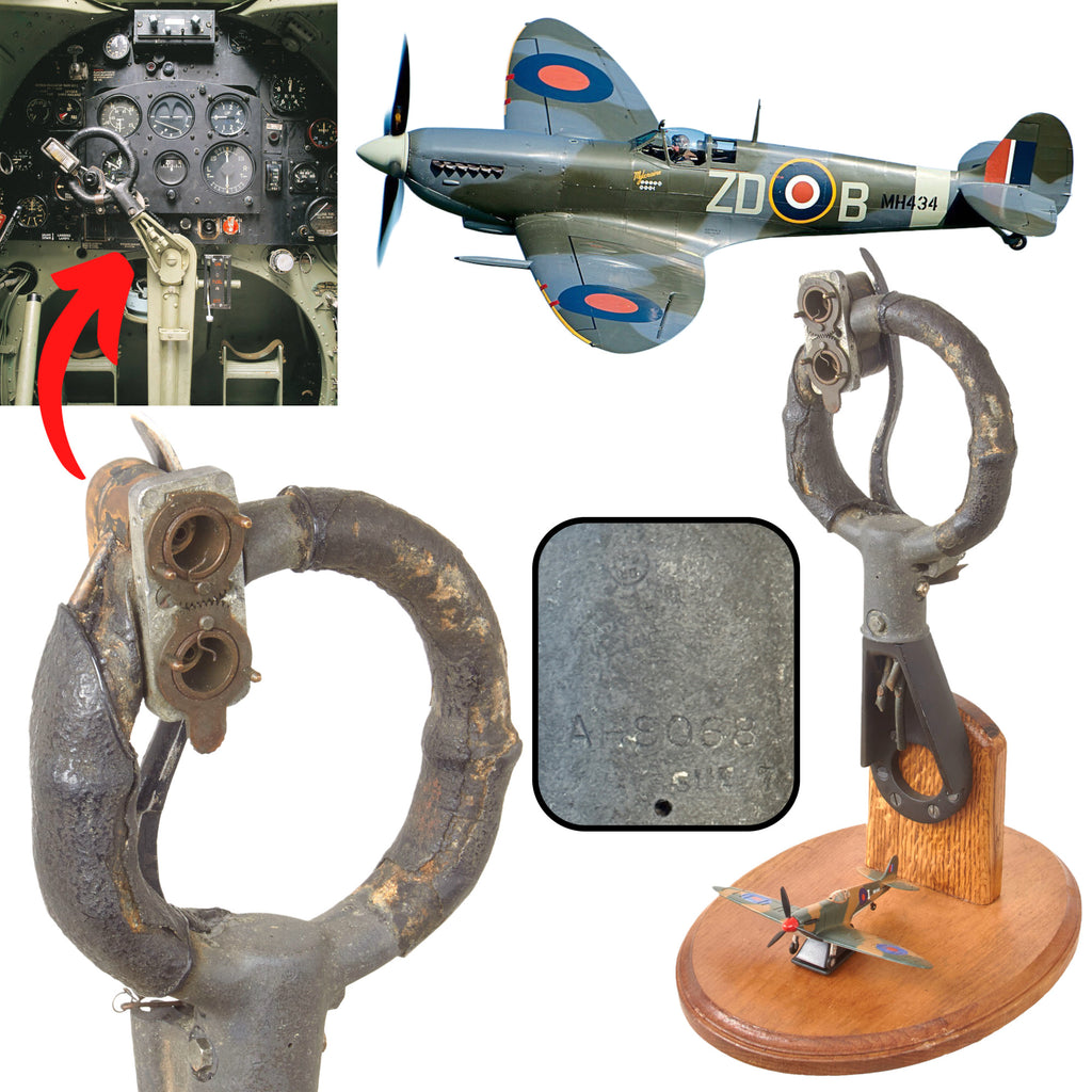 Original British WWII RAF Supermarine Spitfire AH8068 Aircraft Control Stick Yoke on Display Base with Small Model Original Items
