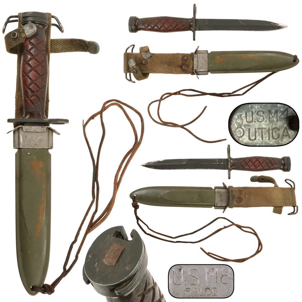 Original U.S. WWII M4 Bayonet by Utica Cutlery for the M1 Carbine with Factory Variant Wooden Handle & M8 Scabbard by B.M. Co