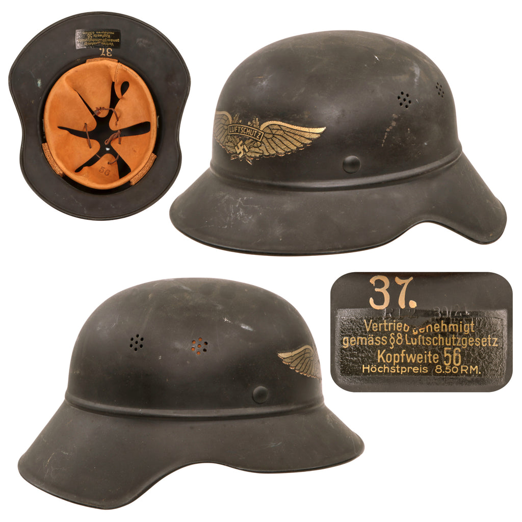 Original German WWII Luftschutz Air Defense M38 Beaded Gladiator Helmet with Single Piece Shell and 56cm Liner Original Items