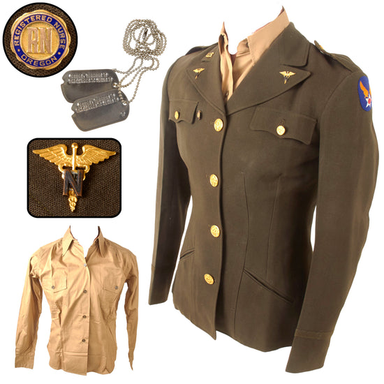 Original U.S. WWII AAF Army Nurse Corps Officer’s Uniform Jacket, Shirt and Dog Tag Set with Army Air Forces Patch & Enamel Pins - Esther B. Jones Original Items