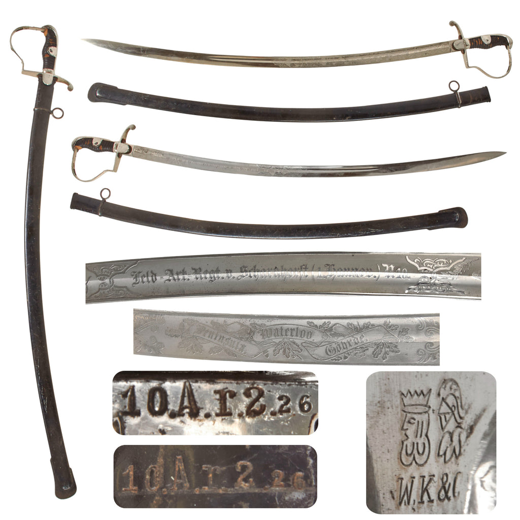 Original Imperial German Pre-WWI Feldartillerie-Regiment „von Scharnhorst“ (1. Hannoversches) Nr. 10 Triple-Etched NCO Dove's Head Sword by W.K. & C. with Matching Unit-Marked Scabbard Original Items