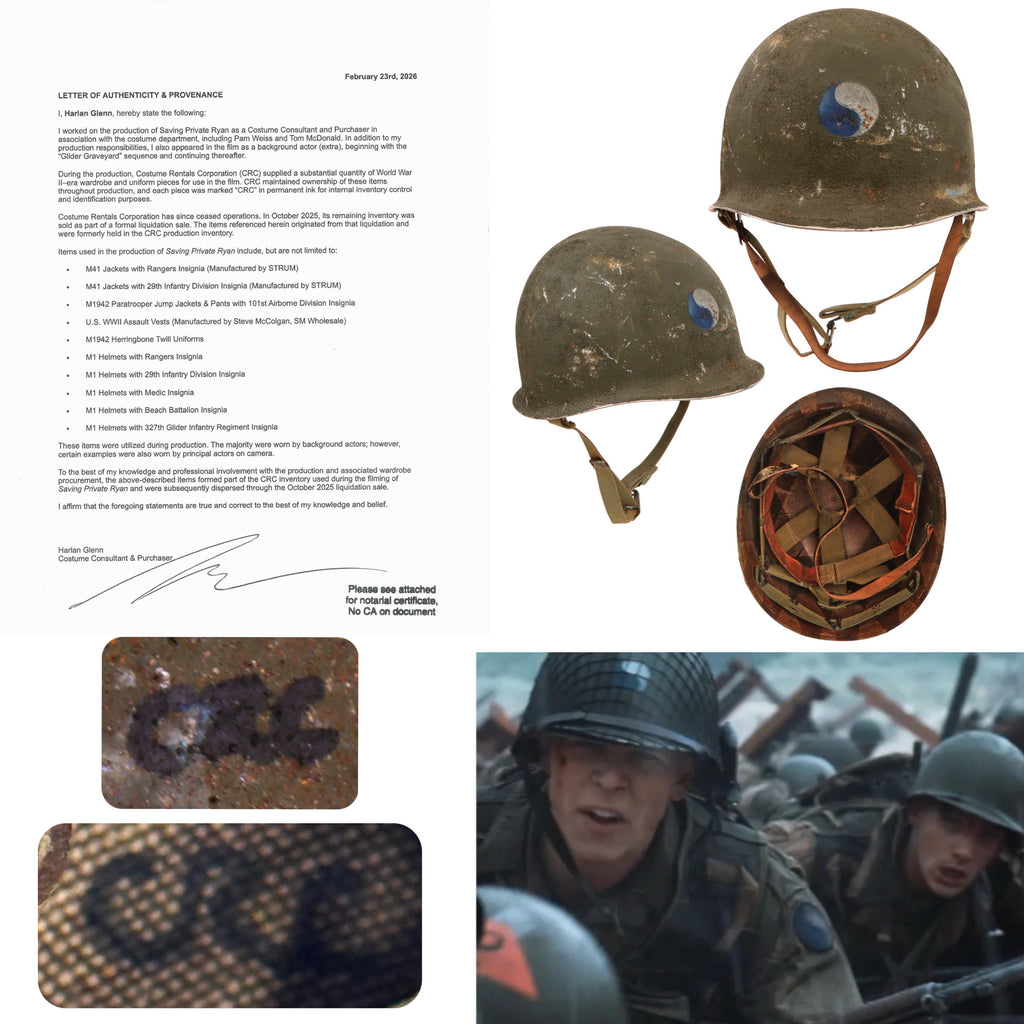 Original U.S. M1 Helmet Used in Steven Spielberg’s Saving Private Ryan with 29th Infantry Division Insignia and Copy of Notarized Letter of Authenticity