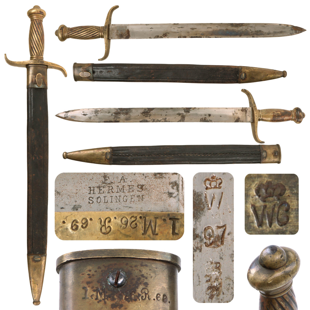 Original Imperial German M1849 Faschinenmesser Artillery Short Sword by F.A. Hermes of Solingen with Scabbard & Bavarian Artillery School Markings - Dated 1897 - Very Rare