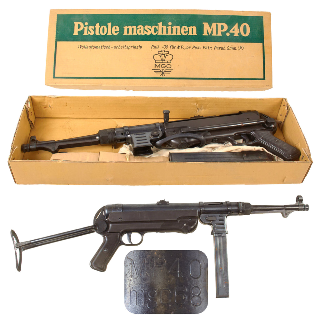 German WWII Replica MP-40 Cap Plug-Firing Submachine Gun by MGC Japan with Original Box & Spare Magazine Original Items