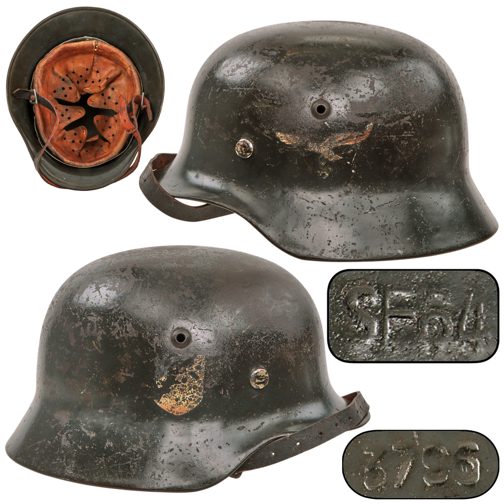 Original German WWII Luftwaffe Double Decal M35 Steel Helmet with Replaced 1931-Dated Liner and Replica Chinstrap, Stamped SE64