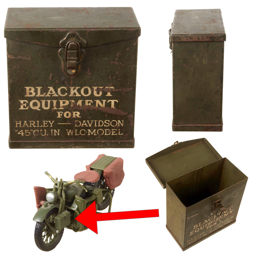 Original Canadian WWII Harley-Davidson WLC Motorcycle Blackout Equipment Box with Small Model of Motorcycle Showing Location of Box