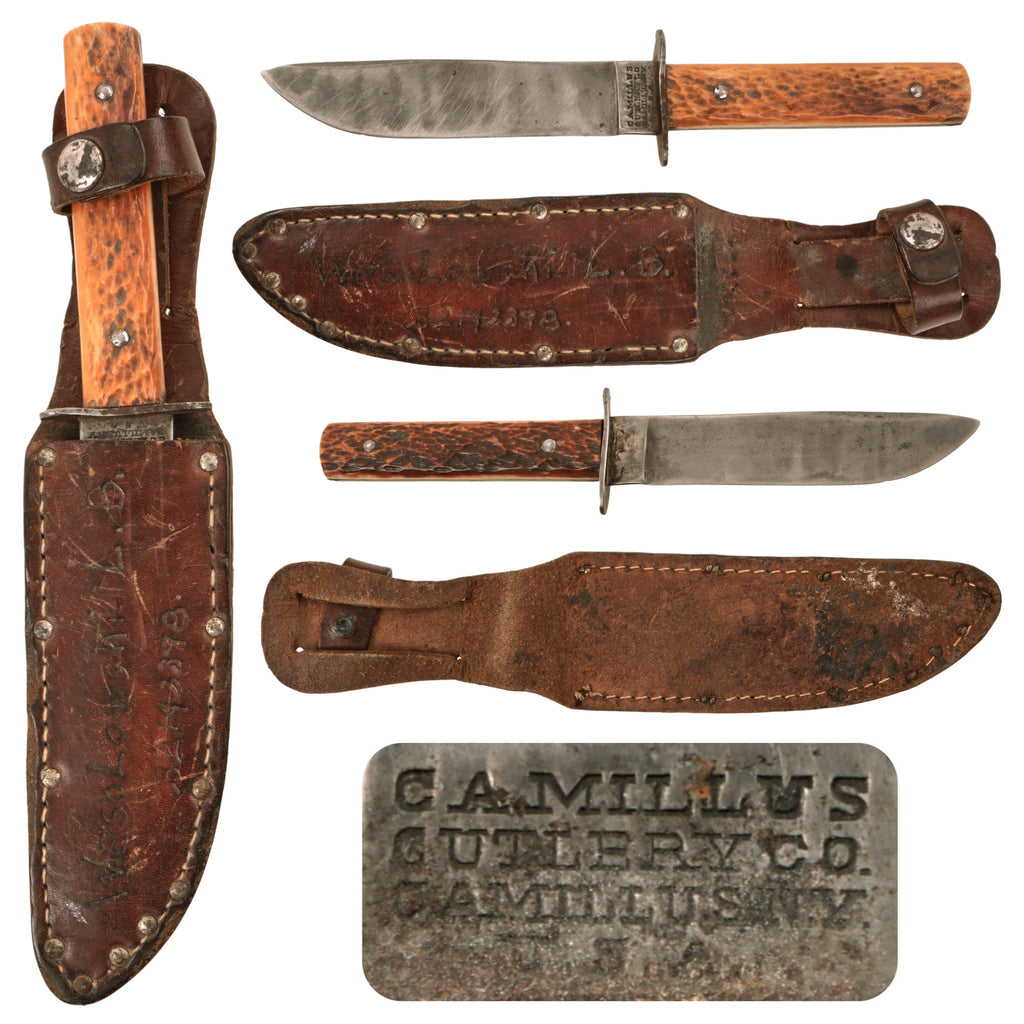 Original U.S. WWII AAF E-1 Survival Knife with Camillus “4-Line” Markings in Leather Sheath Identified to CBI Veteran Original Items