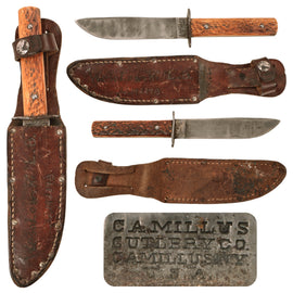 Original U.S. WWII AAF E-1 Survival Knife with Camillus “4-Line” Markings in Leather Sheath Identified to CBI Veteran