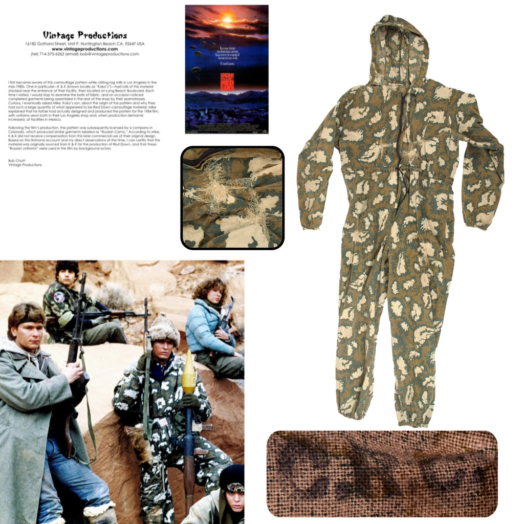 Original Film 1984 Red Dawn Wardrobe Costume: “Battle-Damaged” & Repaired Soviet Kamuflirovannyy Letniy Maskirovochnyy Kombinezon KLMK Camouflage Jumpsuit Worn by Russian Soldiers with Copy of Letter of Provenance Original Items