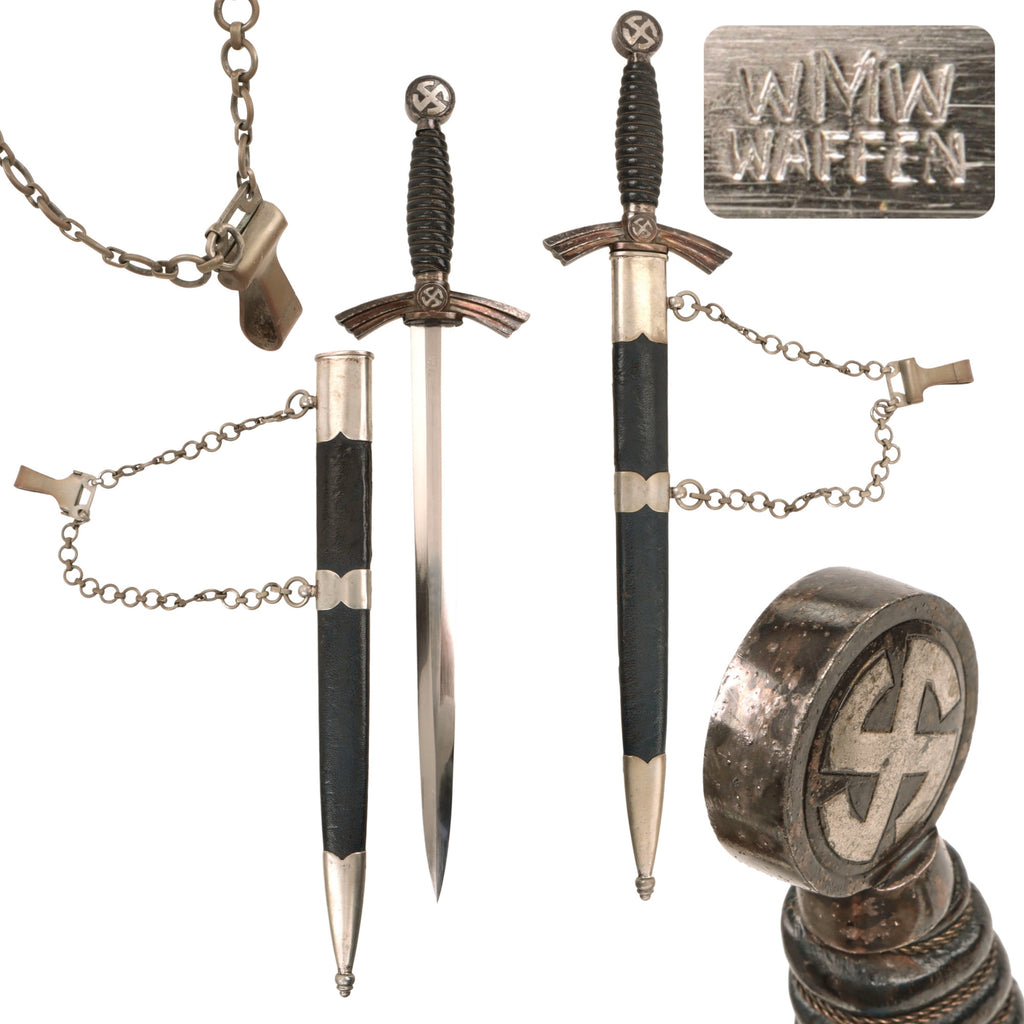 Original German WWII Early 1st Model Luftwaffe Dagger by WMW Waffen Max Weyersberg of Solingen with Scabbard, Chain and Belt Clip