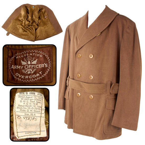 Original U.S. WWII Army Officer's Mackinaw Style Short Wool Overcoat with Officer’s Serial Number and 1942-Dated Contract Tag - Size 46R Original Items