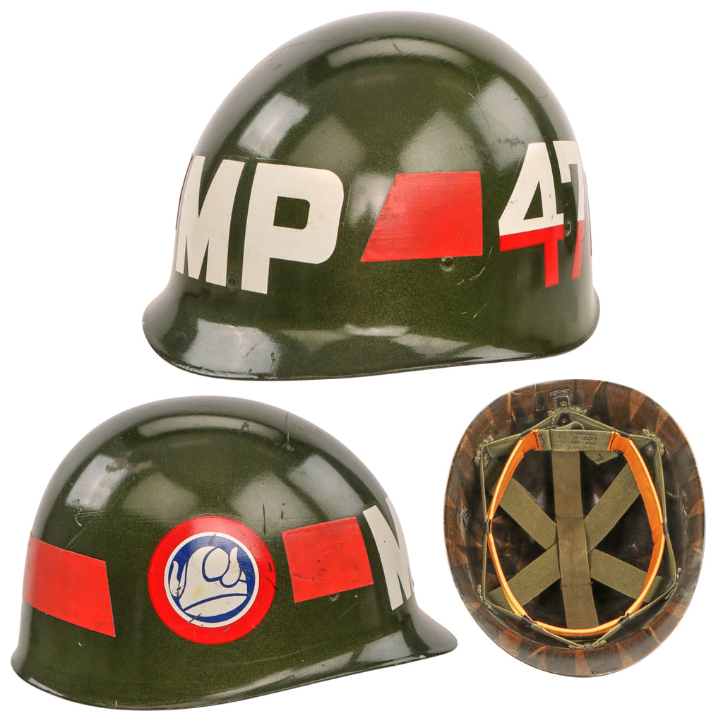Original U.S. Vietnam War Era 47th Infantry Division Military Police M1 Helmet P64 Liner with Custom Metal Flake OD Paint