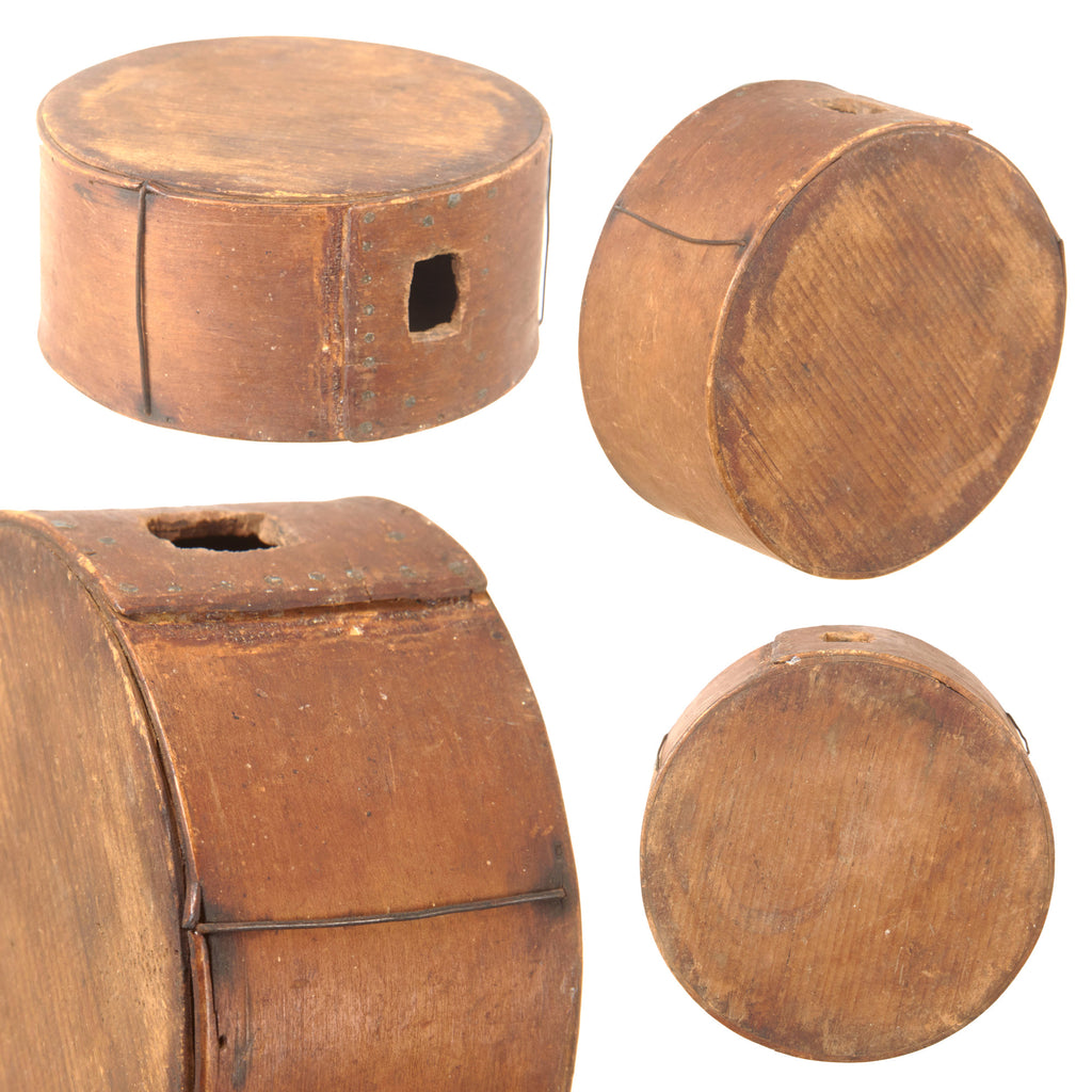 Original U.S. American Revolutionary War Era Cheesebox Canteen with Square Hole & Iron Bands Original Items
