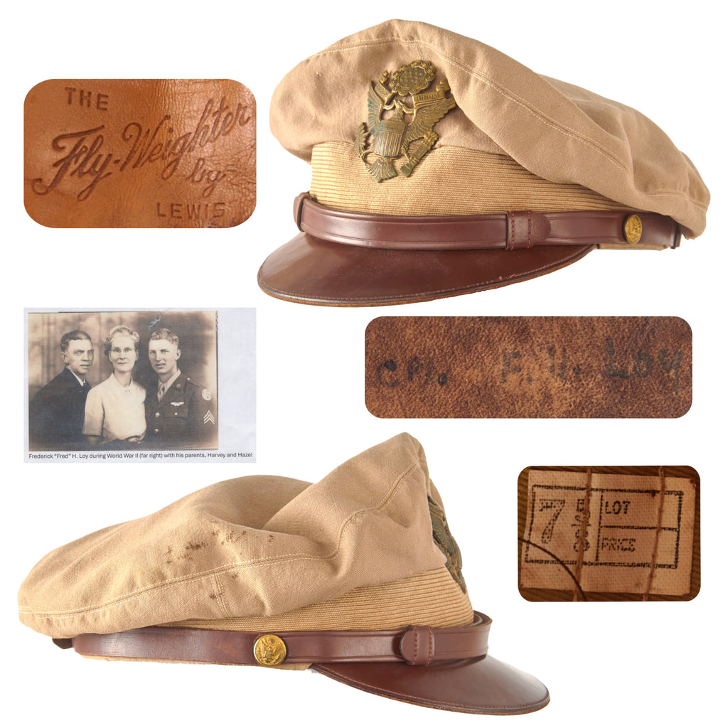 Original U.S. WWII Named USAAF Officer Khaki Crush Cap By Lewis - Size 7 ⅝ - Frederick H. Loy Original Items