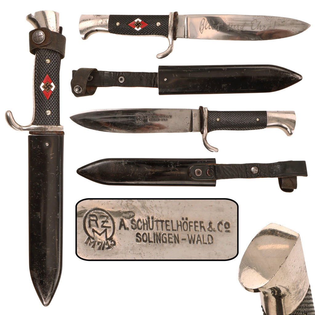 Original German WWII Transitional Motto-Marked HJ Trip Knife by Rare Maker Artur Schüttelhöfer & Co. with Scabbard, RZM M7/13