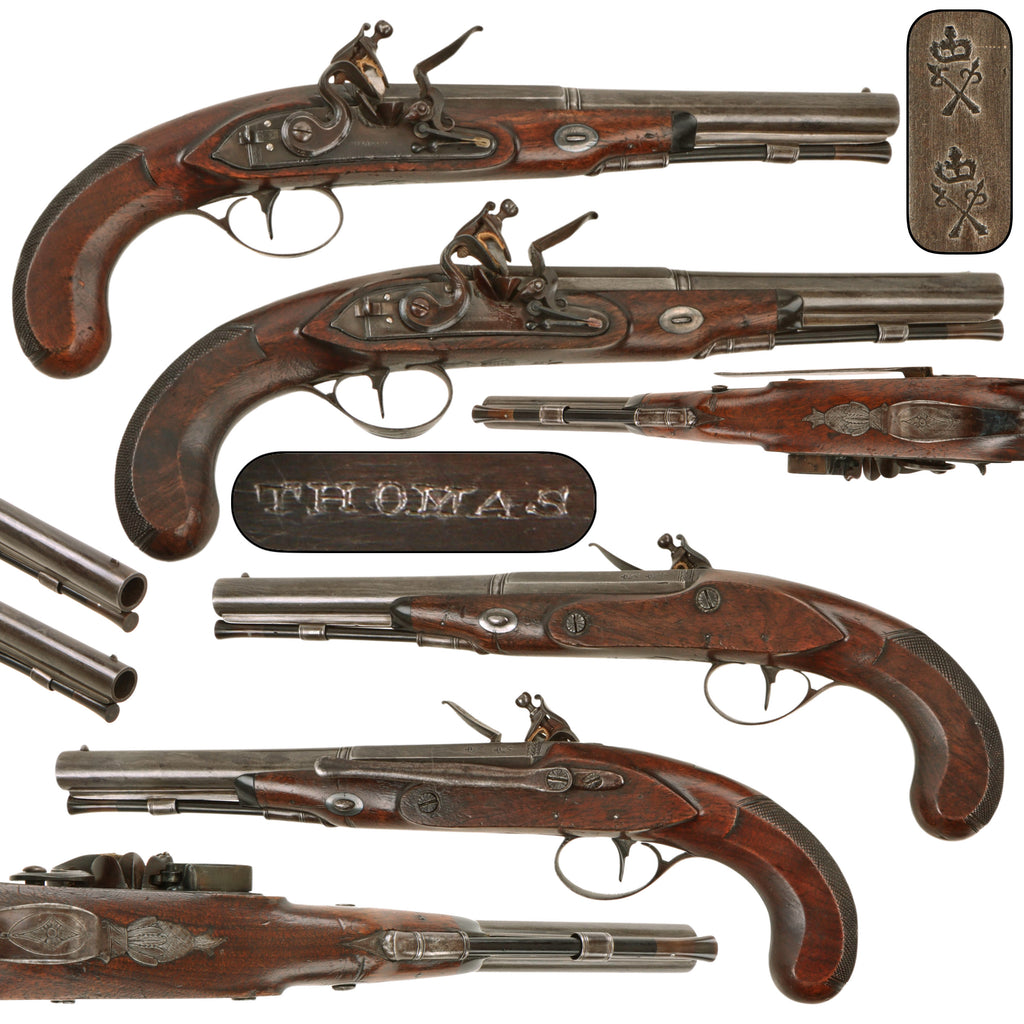 Original 18th Century Pair of English Flintlock Belt Pistols Signed THOMAS with Waterproof Locks, Half Stocks, and Tower Private Proofs, Circa 1790-1810