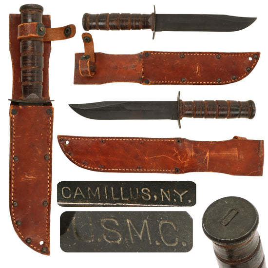Original U.S. WWII USMC Mark 2 KA-BAR Fighting Knife by CAMILLUS in Leather Sheath - Excellent Blade