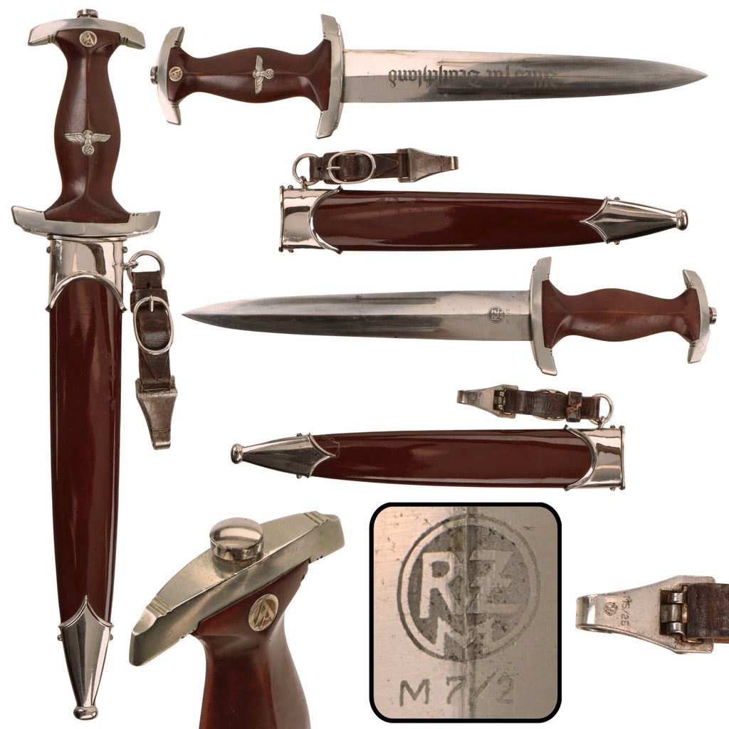 Original German WWII SA Dagger by Rare Maker Emil Voos Waffenfabrik with Scabbard and Hanger, RZM M7/2